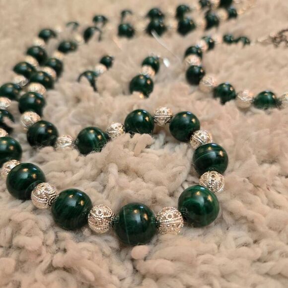 NEW Malachite & Sterling Silver Necklace Set 3 piece - Picture 1 of 11